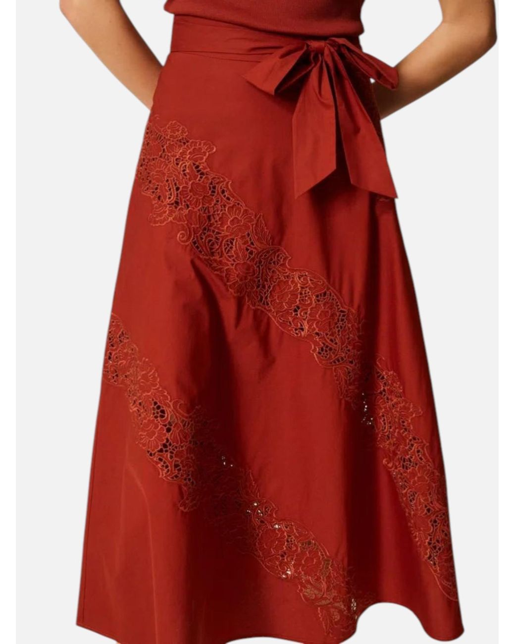 Twinset Red Long Poplin And Broderie Anglaise Skirt