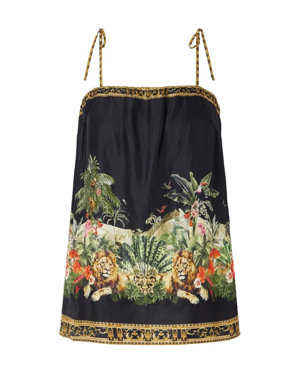Camilla Black Crystal-Embellished Printed Silk-Satin Top