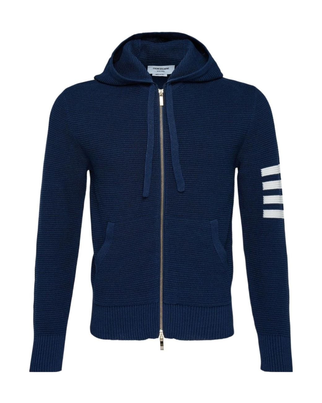 Thom Browne Blue 4-Bar Striped Waffle-Knit Zipped Hoodie for men