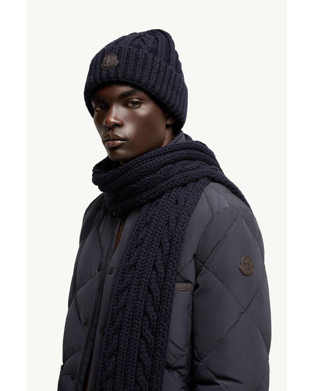 Moncler Blue Leather Logo Wool Beanie for men