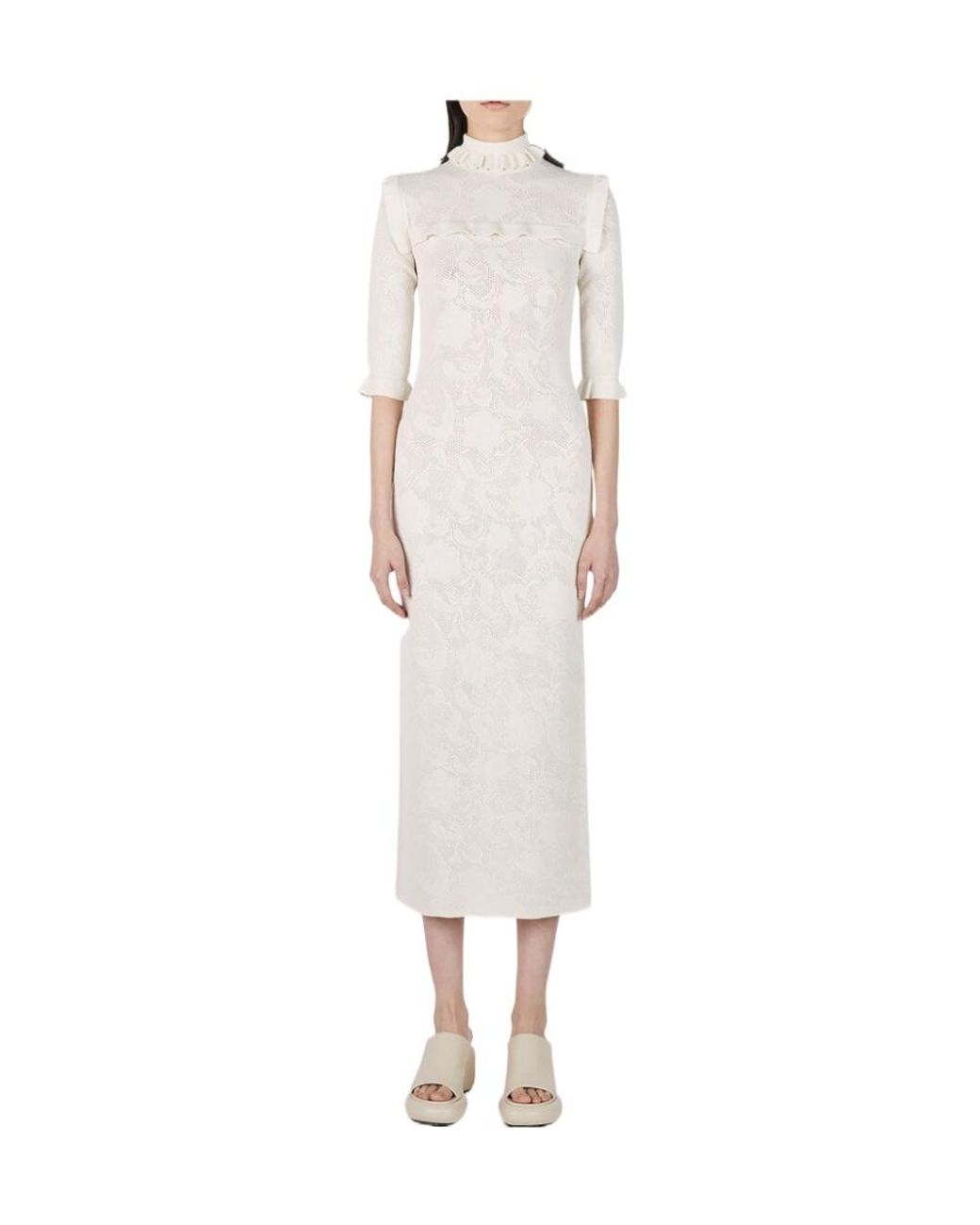 Sportmax White Ruffle Detailed High Neck Midi Dress