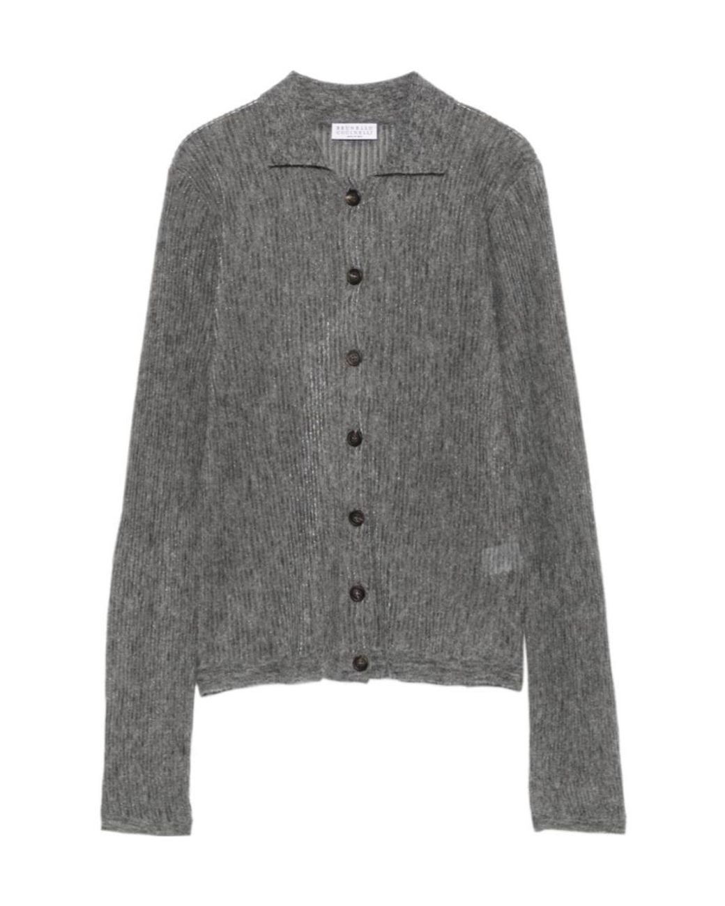 Brunello Cucinelli Gray Ribbed-Knit Button-Up Cardigan