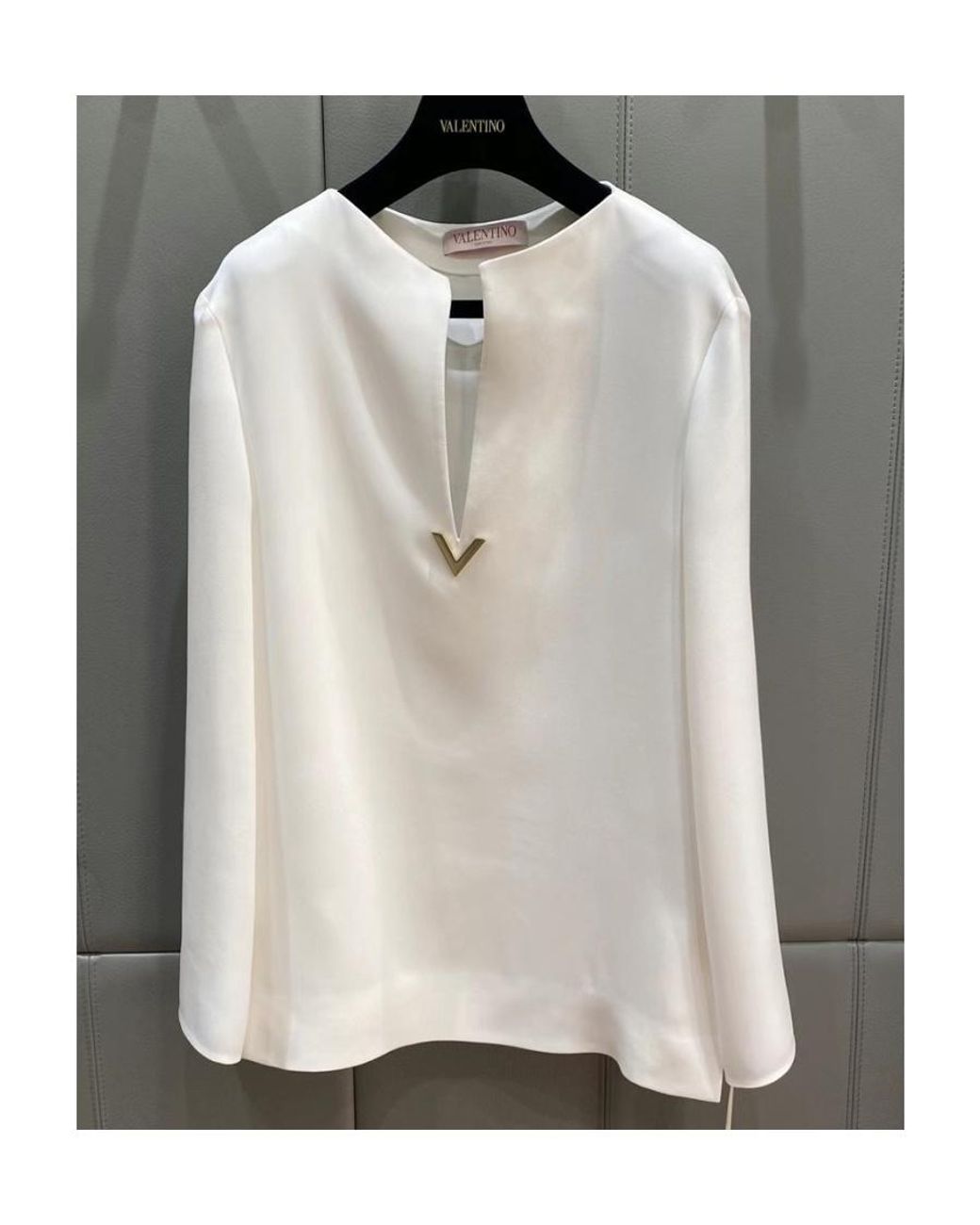 Valentino White Cady Couture Logo Plaque Long-Sleeved Blouse