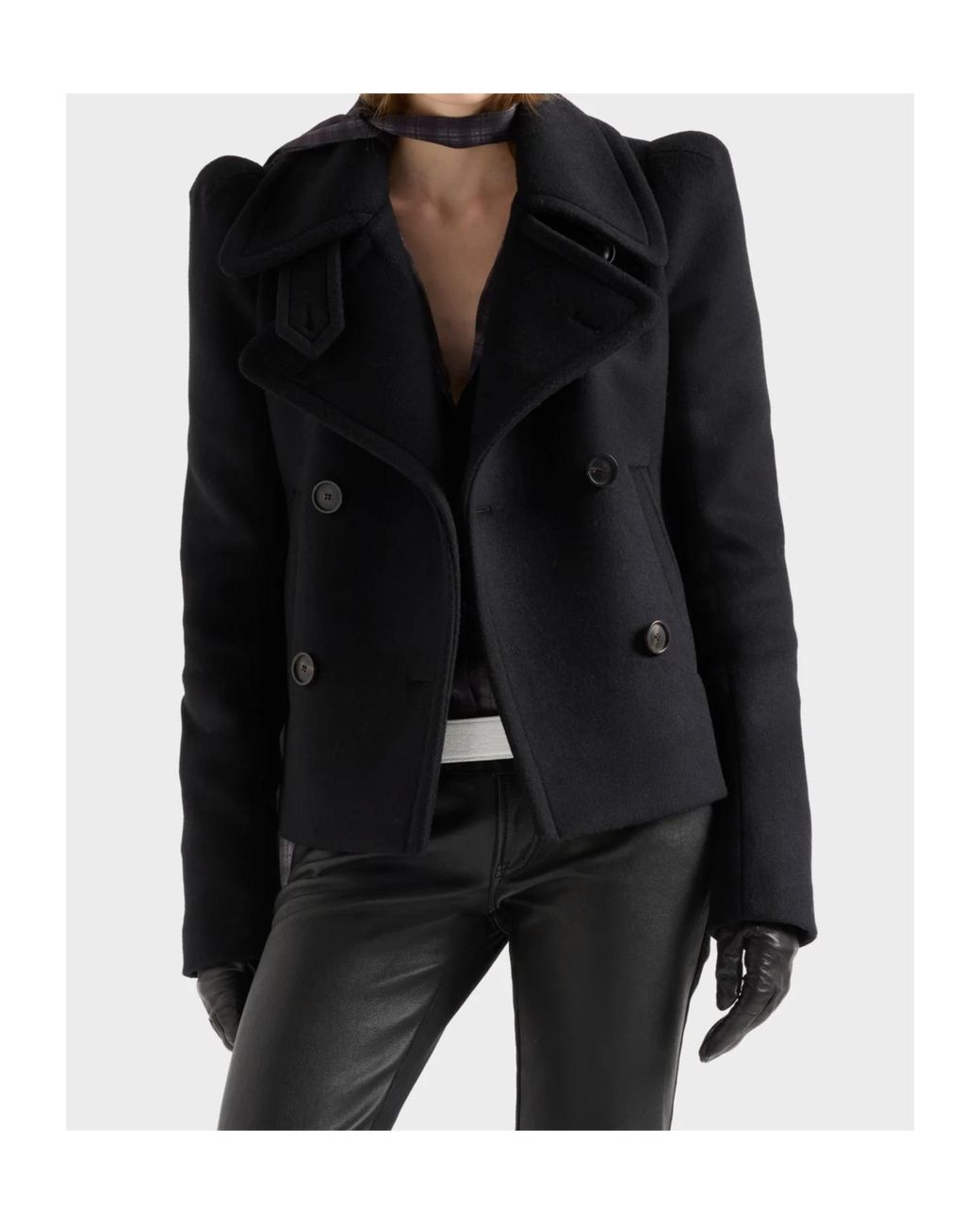 7 For All Mankind Black Double-Breasted Wool Coat With Structured Shoulders