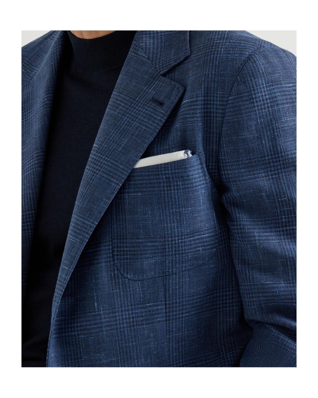 Brunello Cucinelli Blue Wool, Silk And Linen Prince Of Wales Deconstructed Blazer With Patch Pockets And Metal Buttons for men