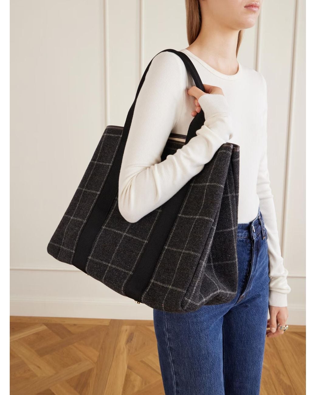 Rue de Verneuil Black Dark Plaid Wool Handbag