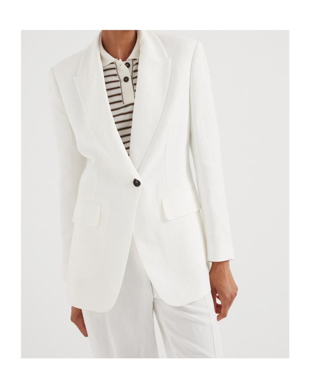 Brunello Cucinelli White Single Breasted Tailored Blazer
