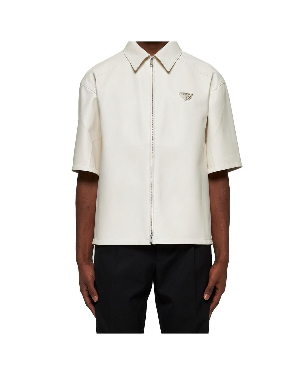 Prada White Short-Sleeved Zipped Leather Shirt for men