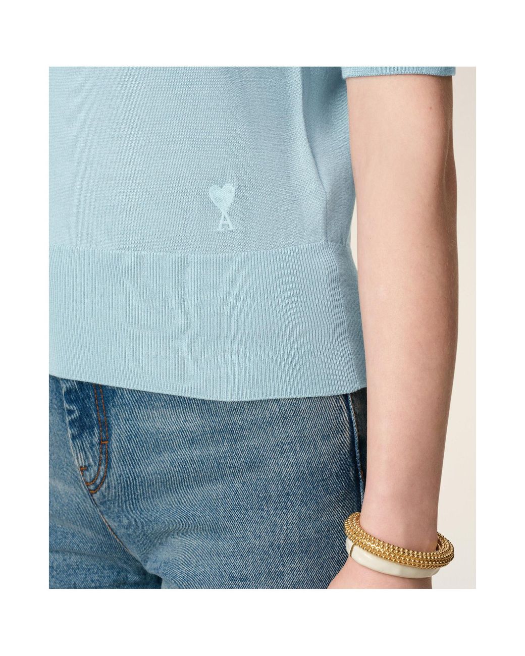 AMI Blue Short Sleeved Knitted Polo Shirt