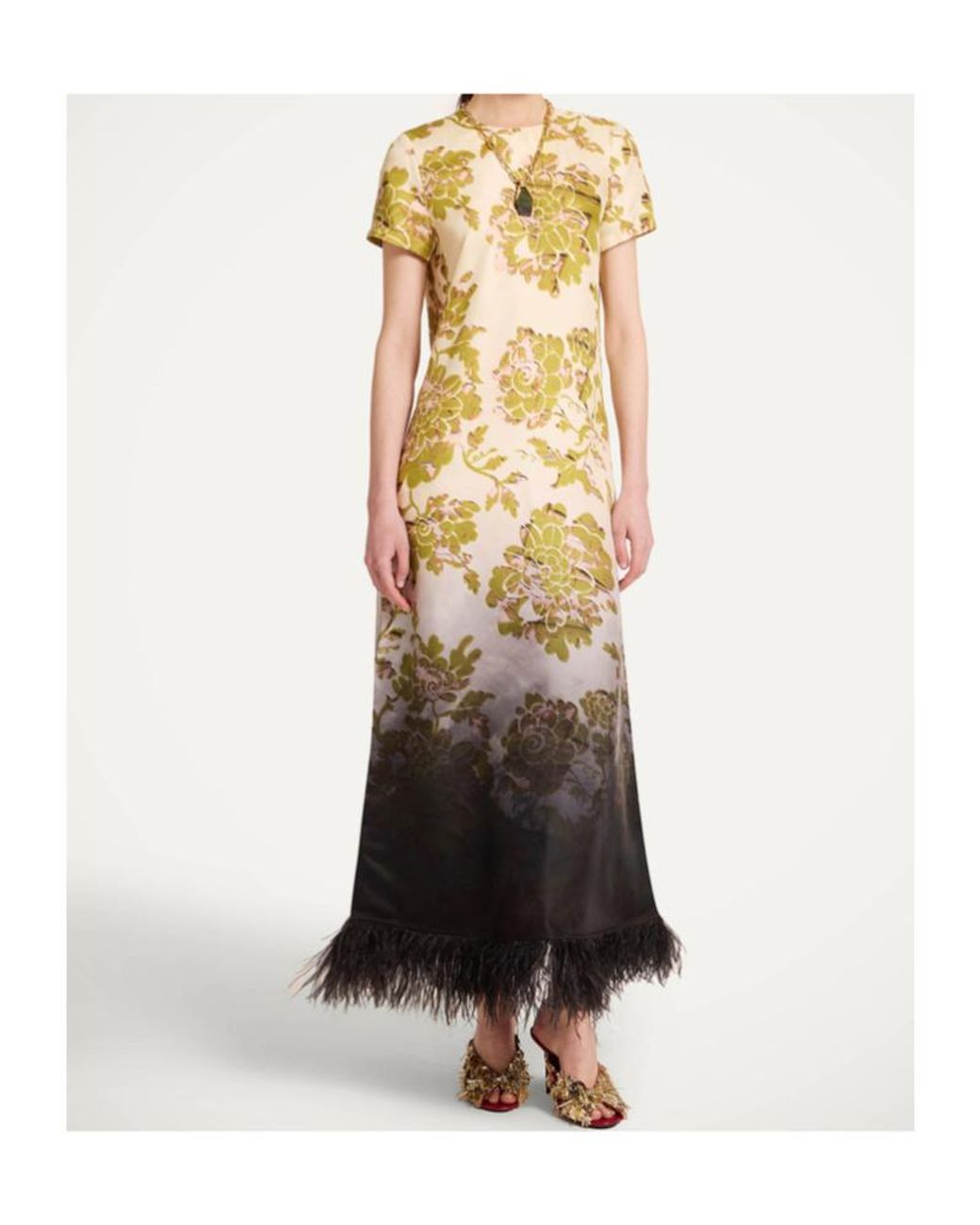LaDoubleJ Metallic Swing Feather-Trim Maxi Dress