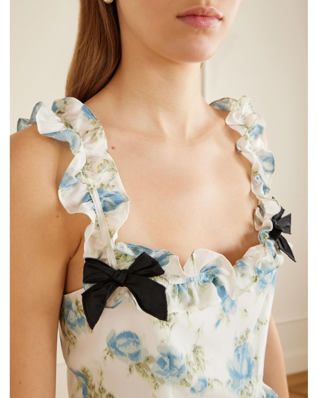 Alessandra Rich Blue Ruffled Floral-Print Silk Mini Dress