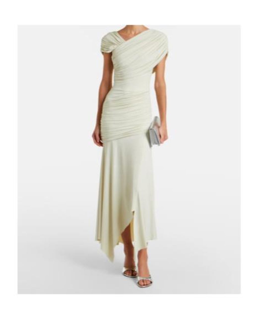 De La Vali White Hela Draped Asymmetric Jersey Midi Dress
