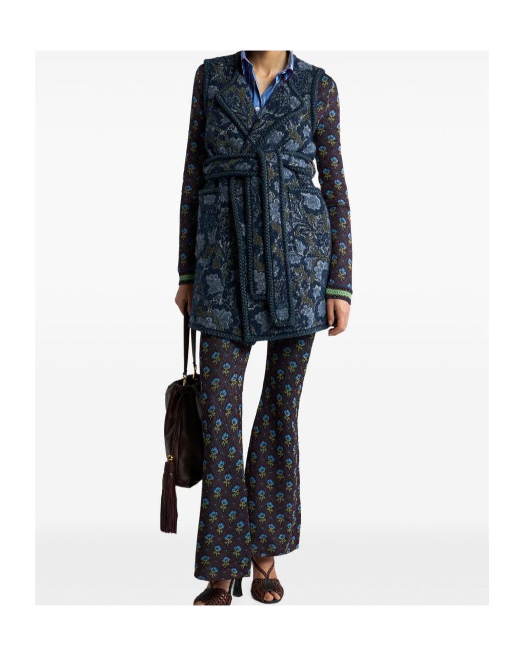 Etro Blue Floral Motif Boucle Jacquard Long Vest