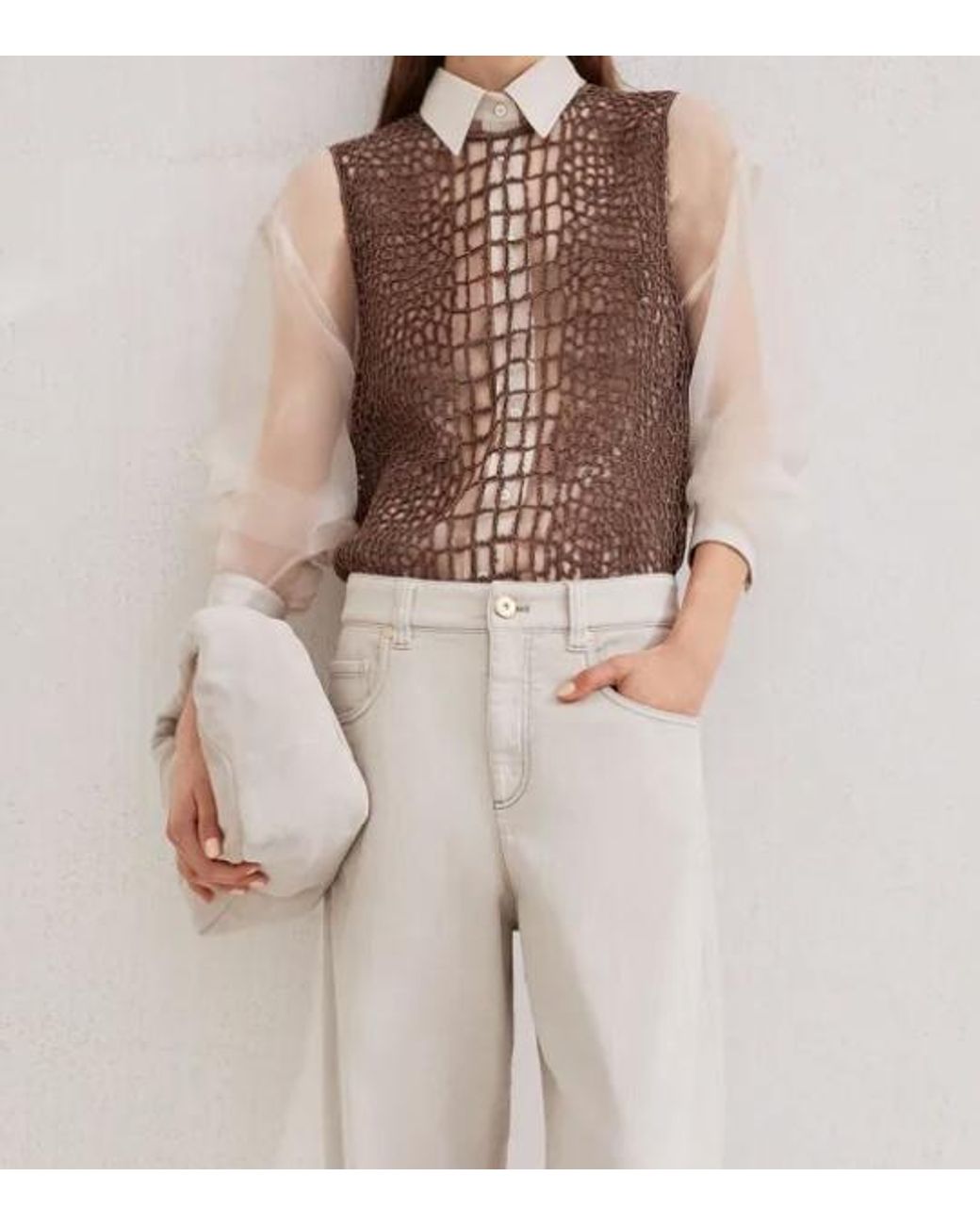 Brunello Cucinelli Brown Crocodile-Effect Top