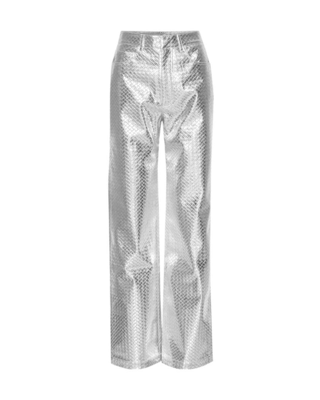 ROTATE BIRGER CHRISTENSEN Gray Metallic-Effect High-Rise Straight Pants