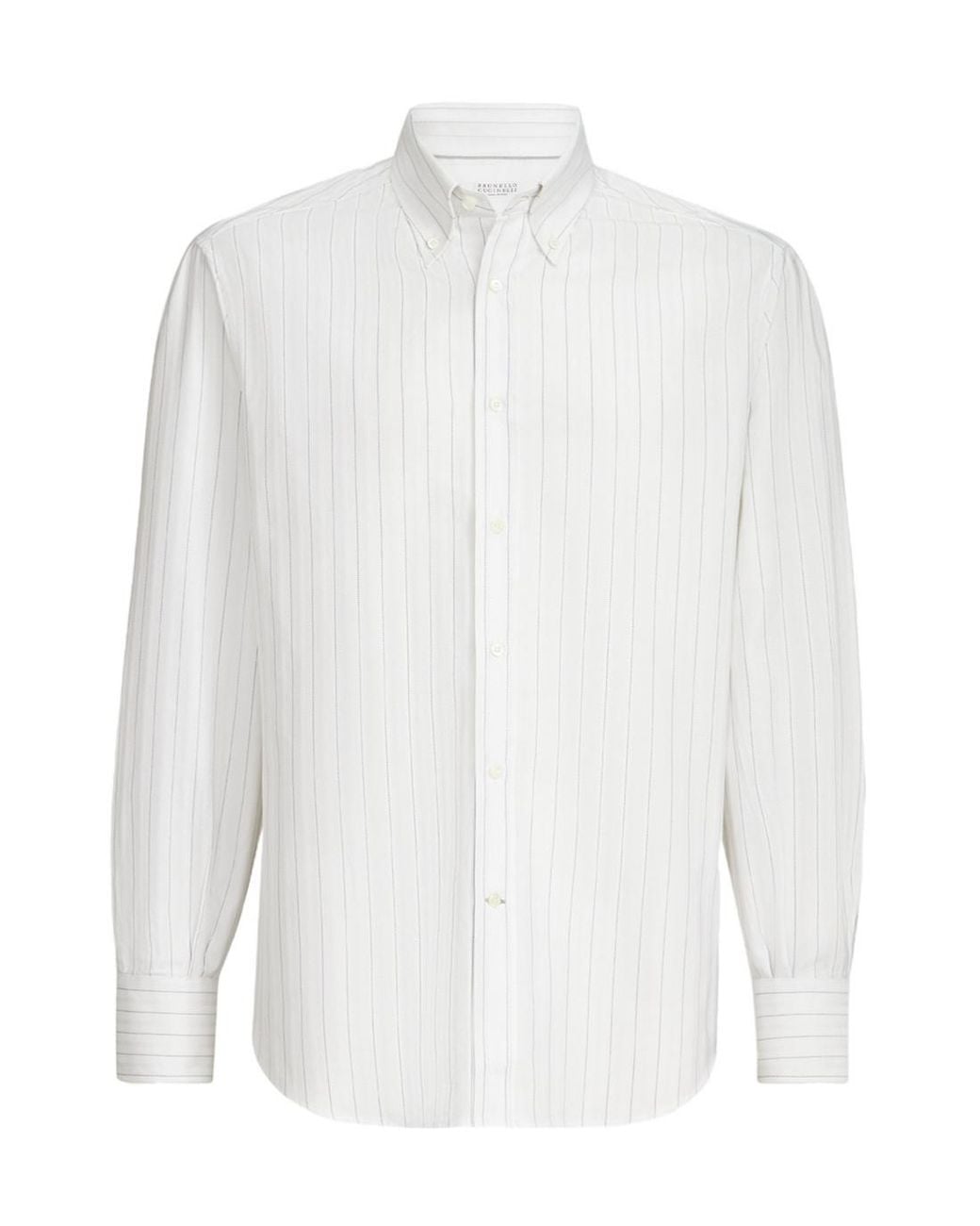 Brunello Cucinelli White Cotton Textured Striped Chevron Shirt With Button-Down Collar for men