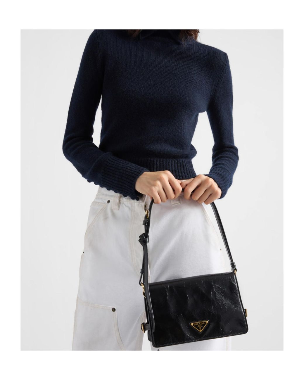 Prada Black Logo Plaque Foldover Top Shoulder Bag