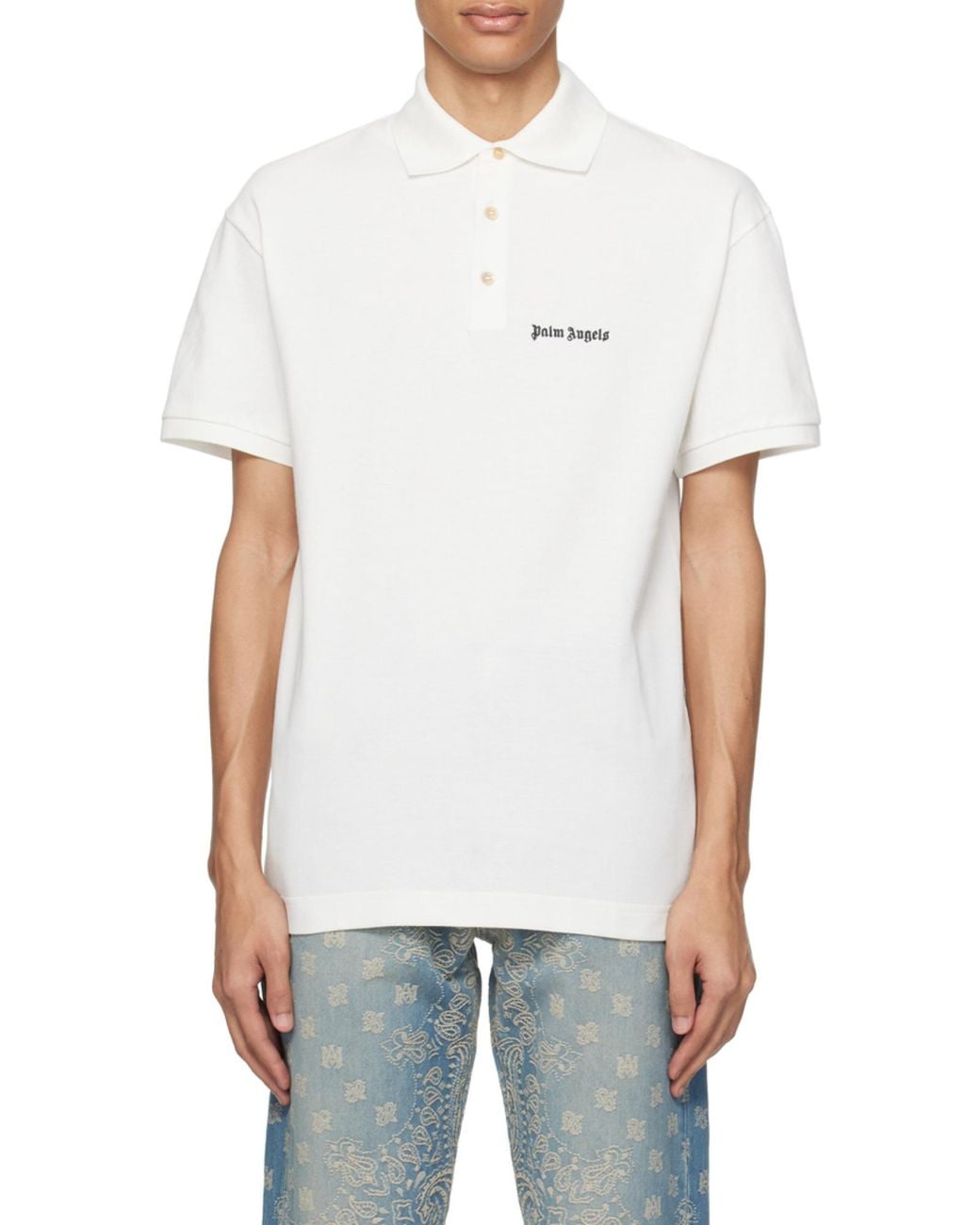 Palm Angels White Logo-Embroidered Short Sleeved Polo Shirt for men