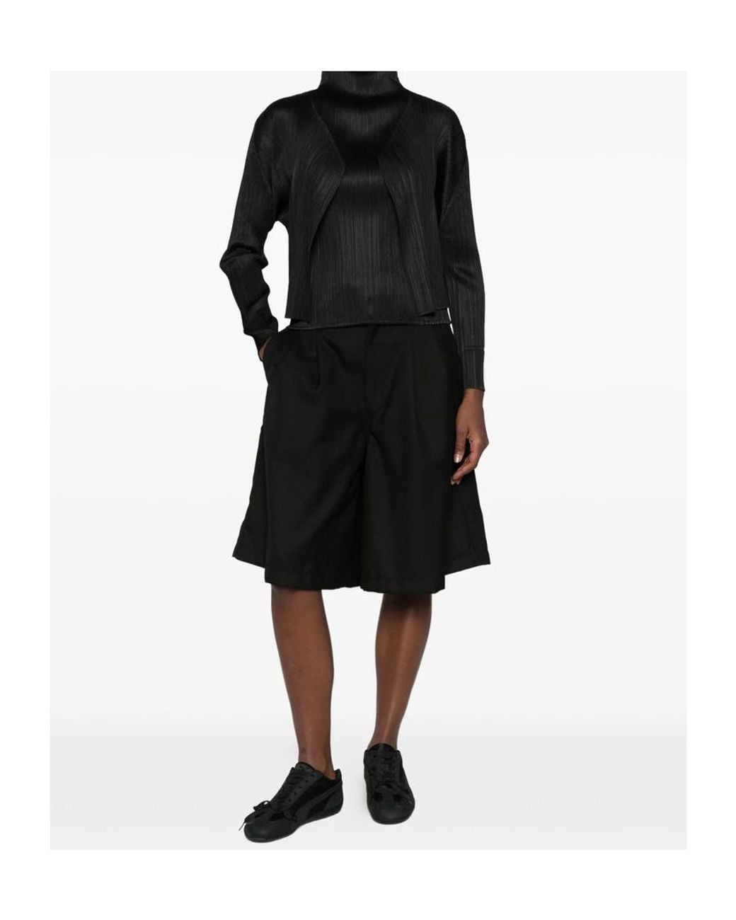 Pleats Please Issey Miyake Black Long-Sleeve Open-Front Knit Cardigan