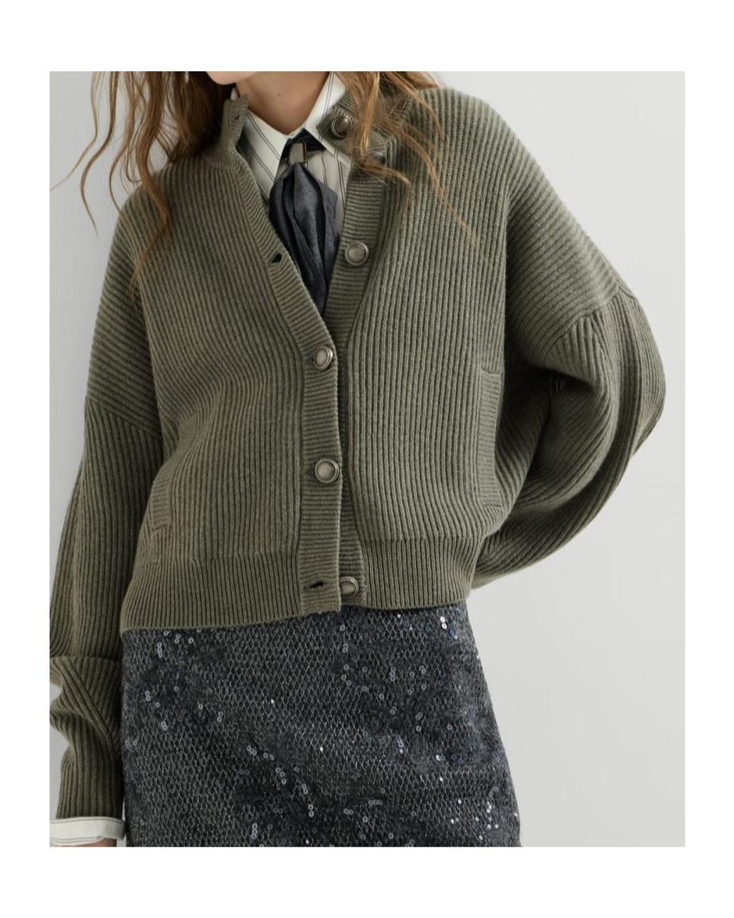 Brunello Cucinelli Green Cashmere English Rib Cardigan With Monili