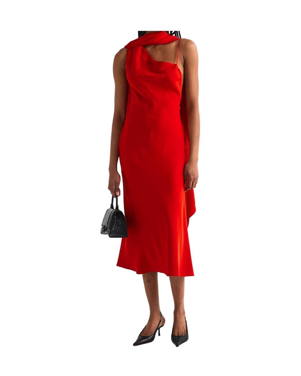 Balenciaga Red One-Shoulder Draped Midi Dress