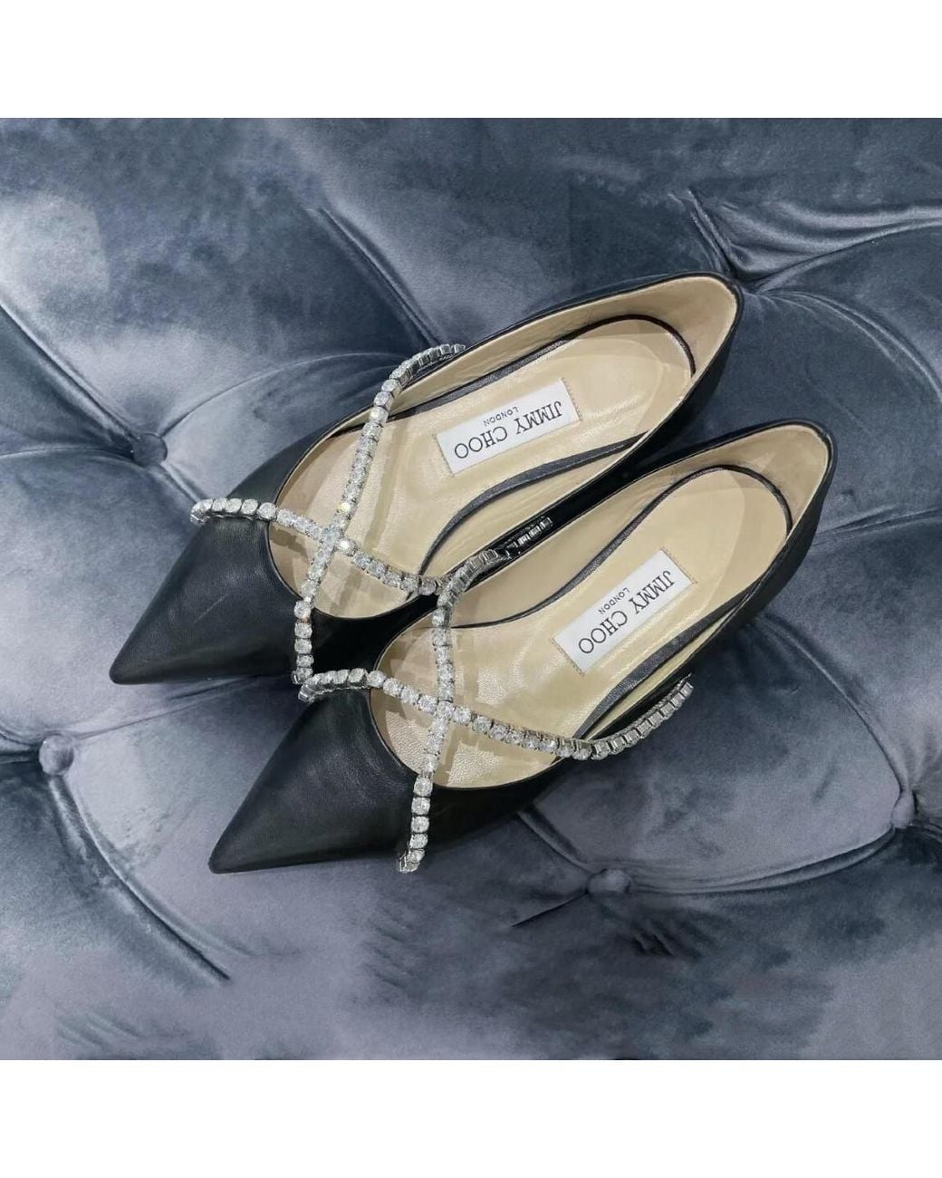 Jimmy Choo Black Flat Shoes With Diamond-Embellished Strap