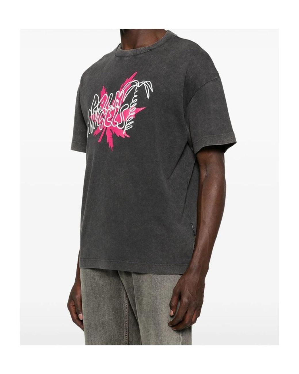 Palm Angels Gray Logo-Print Faded-Effect T-Shirt for men