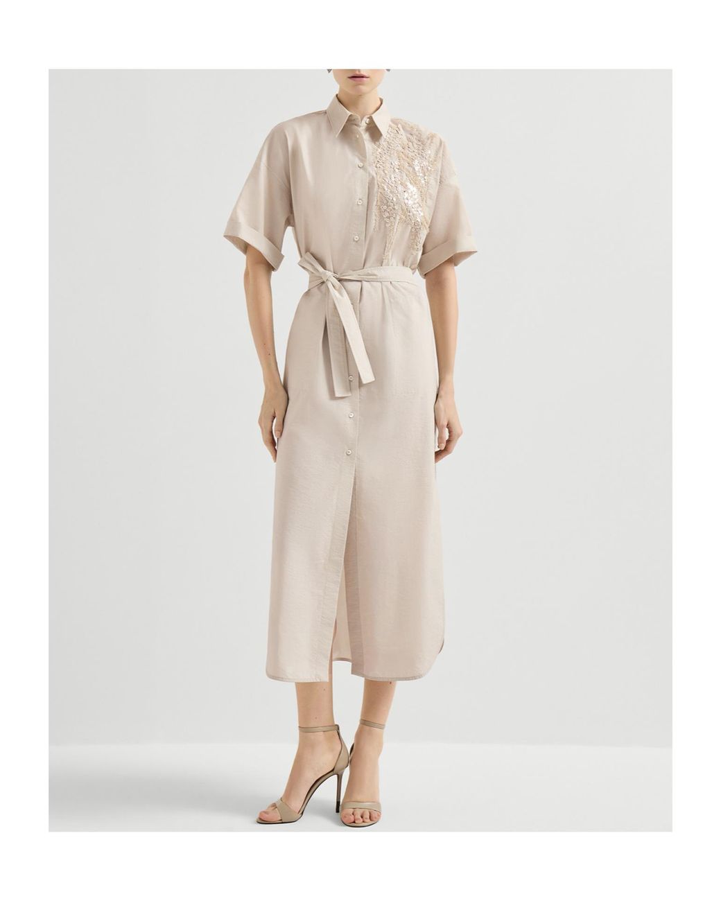 Brunello Cucinelli Natural Dazzling Seabed Embroidery Poplin Dress