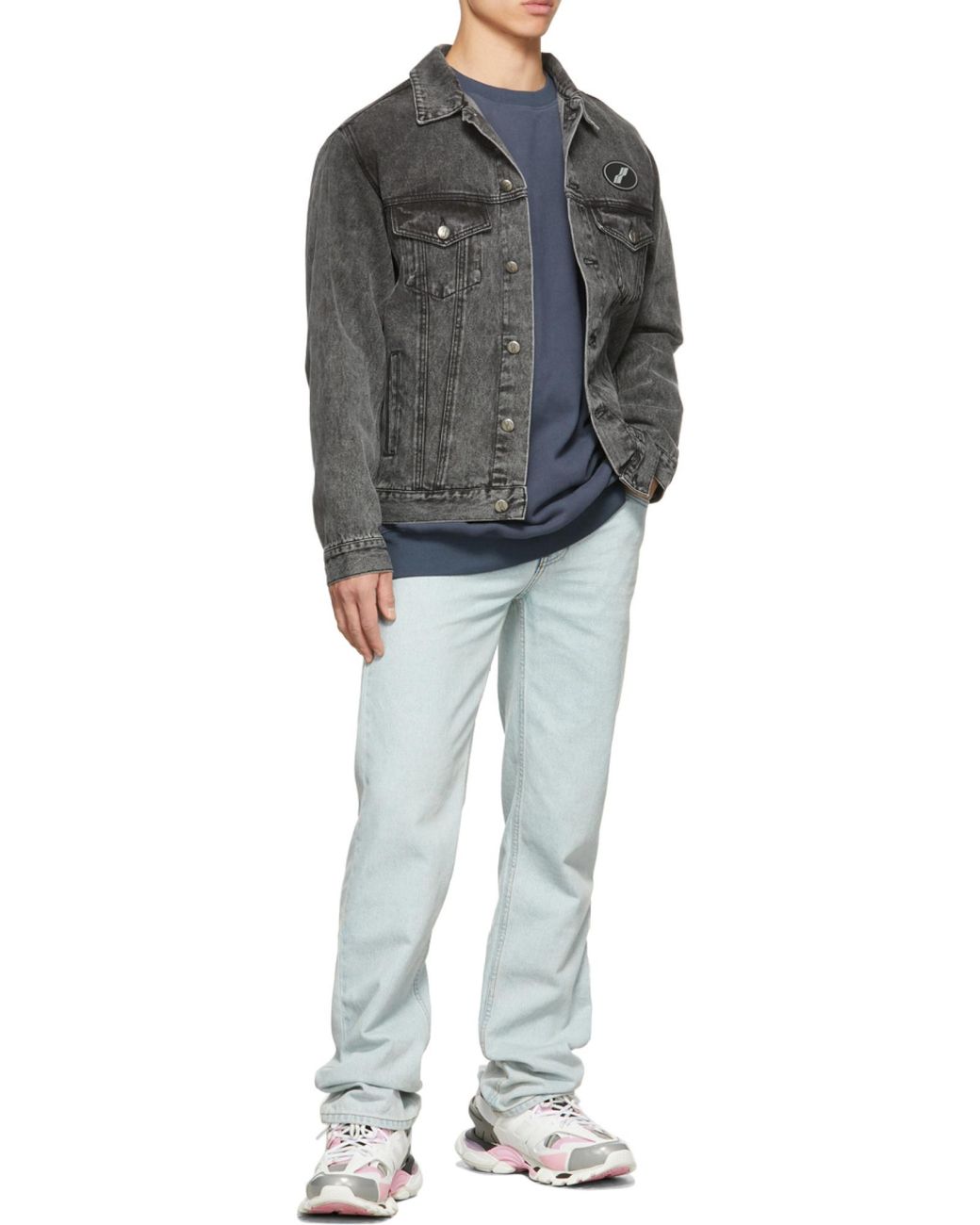 we11done Blue Logo Patch Faded Denim Jacket for men