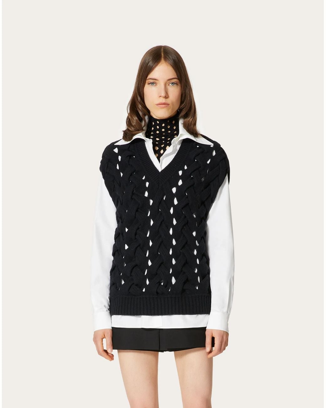 Valentino Black Open-Knit Wool-Blend Vest
