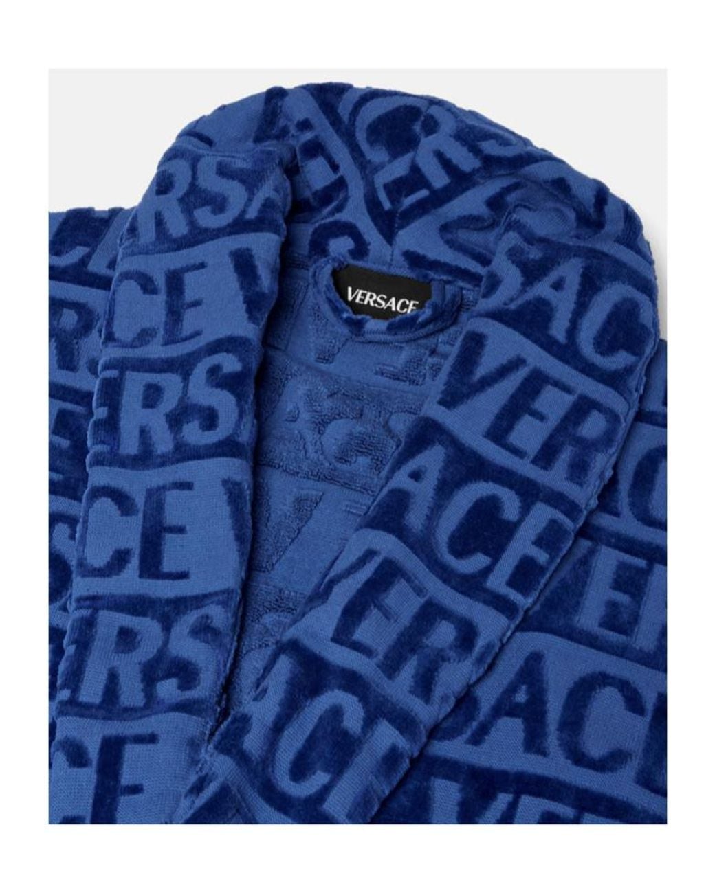 Versace Blue Logo-Print Belted Bathrobe for men