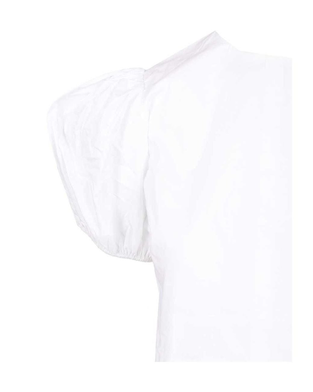 ROTATE BIRGER CHRISTENSEN White Short Puff Sleeved Crewneck Straight Top