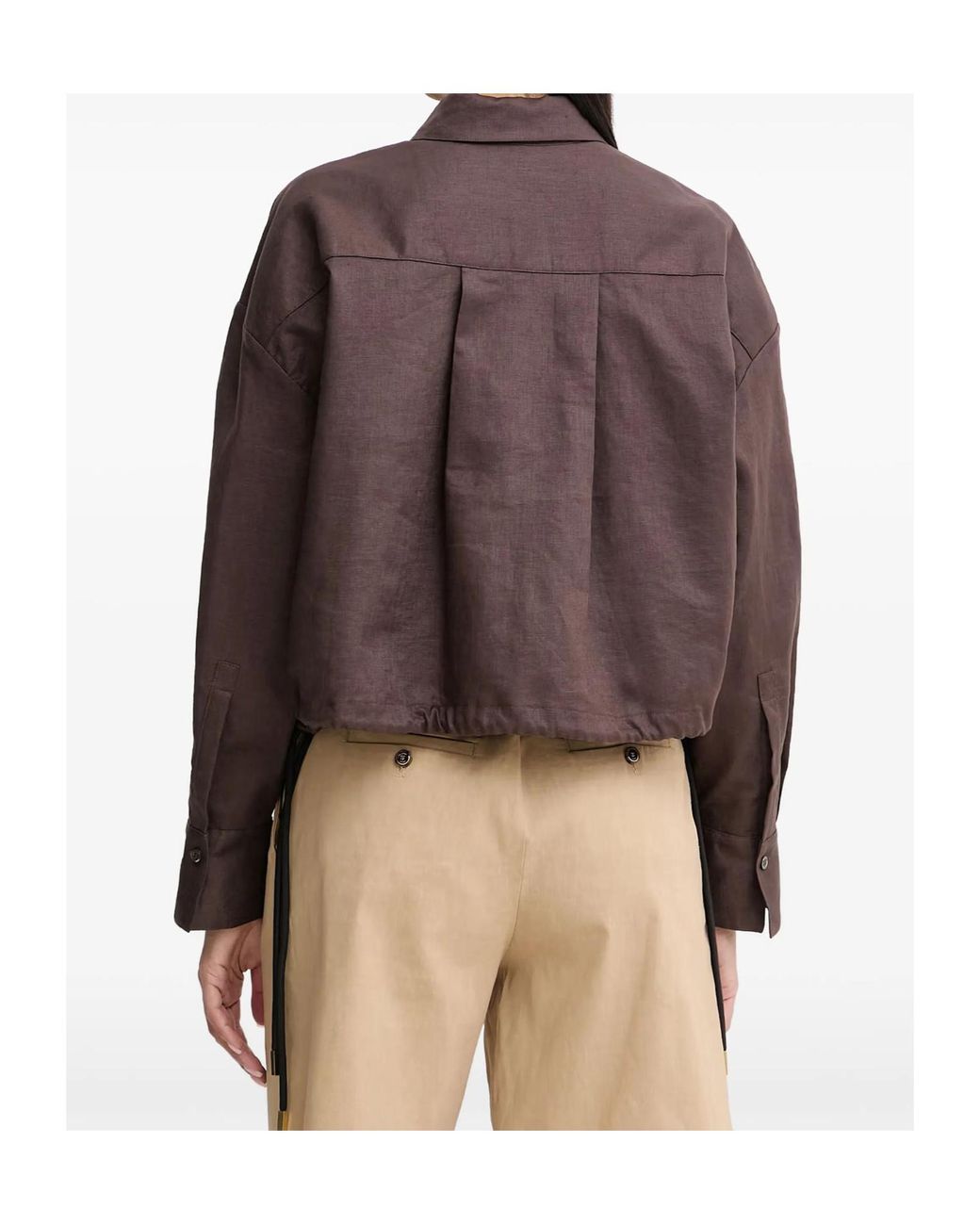 Pinko Brown Drawstring-Hem Cropped Linen Shirt
