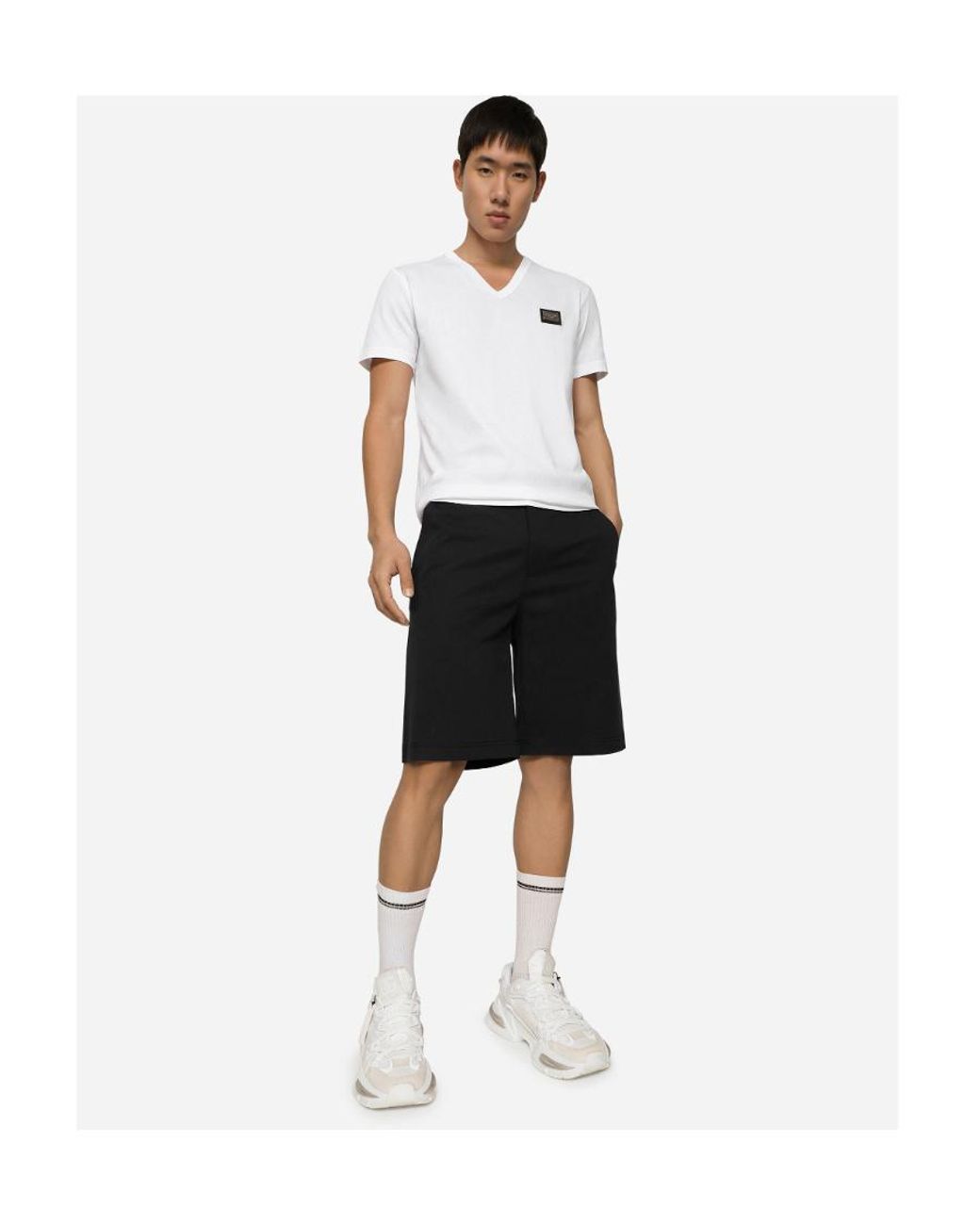 Dolce & Gabbana White Logo Patch V-Neck T-Shirt for men