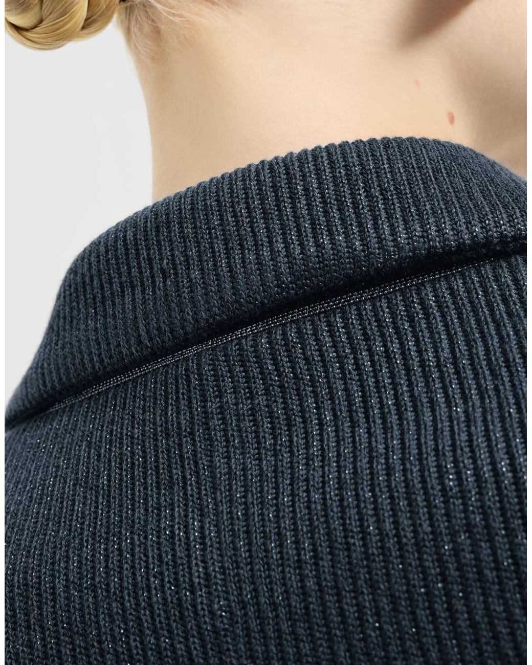 Brunello Cucinelli Blue Sparkling Cotton And Viscose English Rib Knit Blazer With Monili