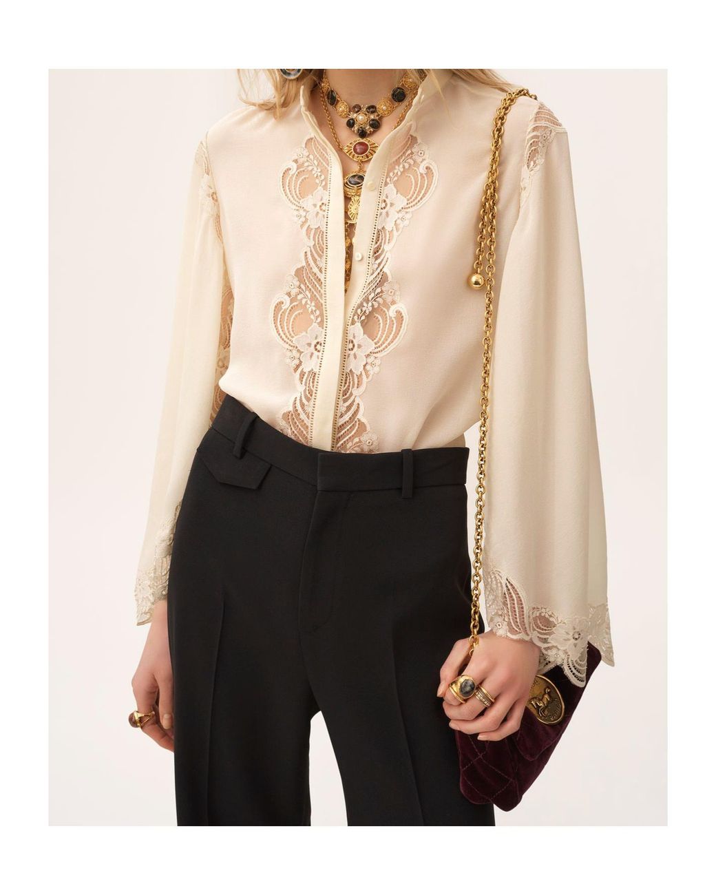 Chloé White Chloé Lace-Trim Fluid Blouse