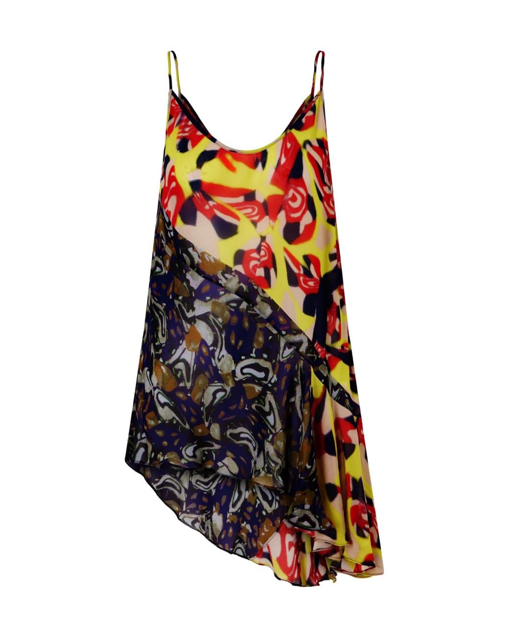 Dries Van Noten Red Ruffled Printed Asymmetric Georgette Camisole