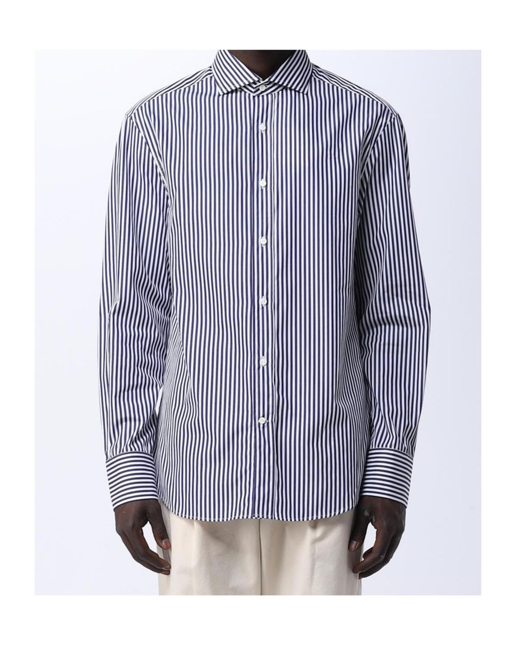 Brunello Cucinelli Blue Candy-Stripe Long-Sleeve Shirt for men