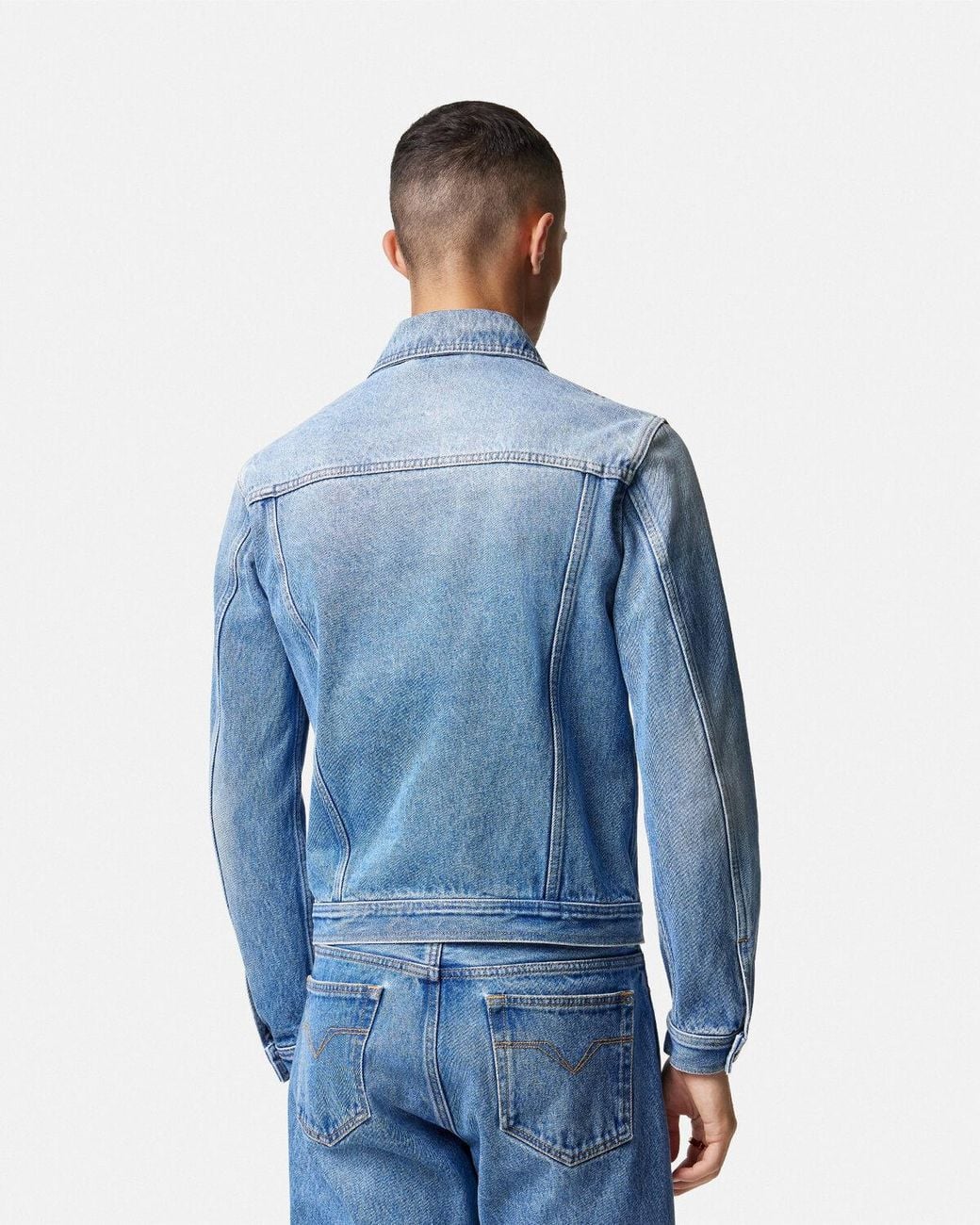 Versace Blue Medusa Biggie-Embellished Buttoned Denim Jacket for men