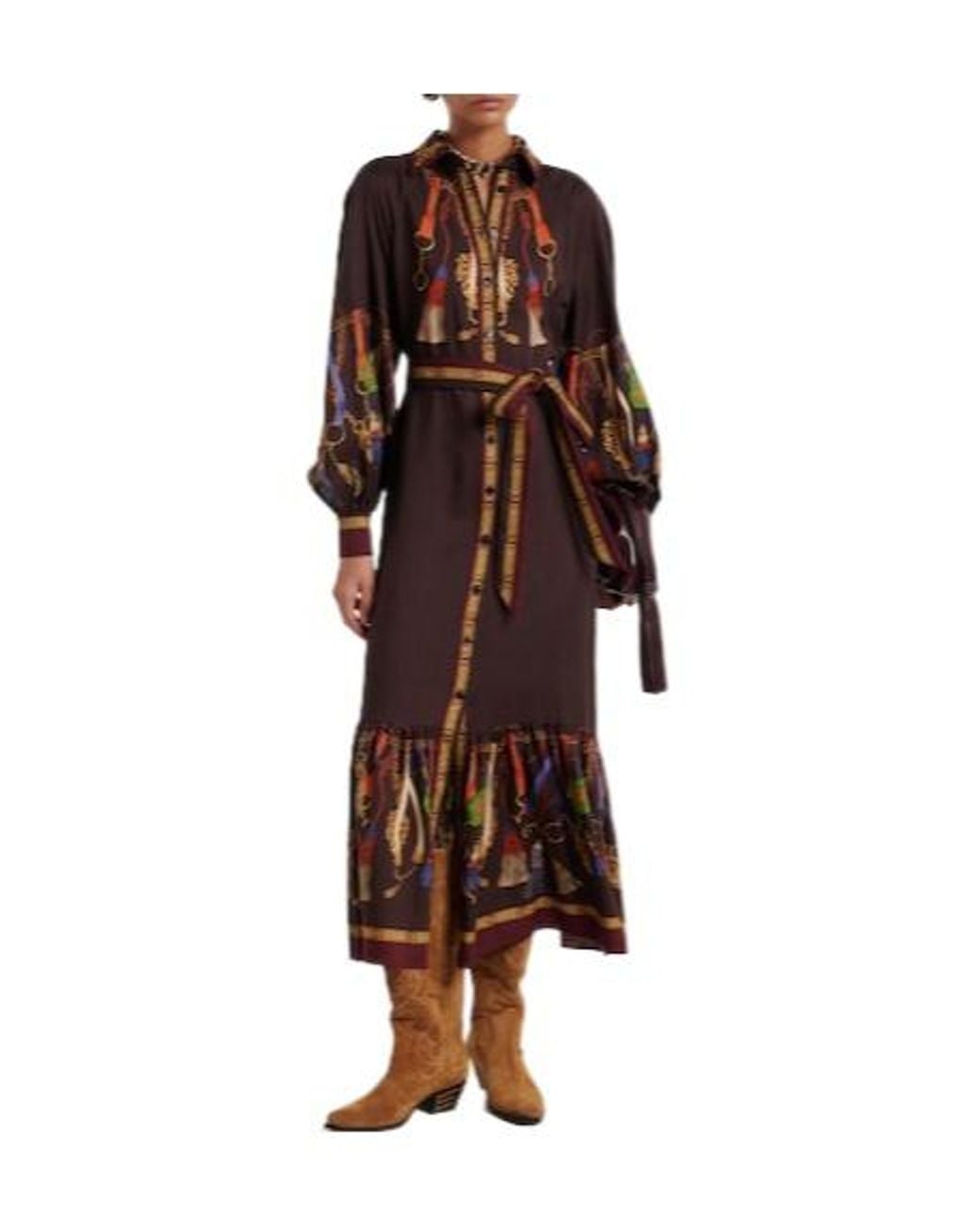 Etro Brown Printed Wool And Silk Twill Shirt Dress