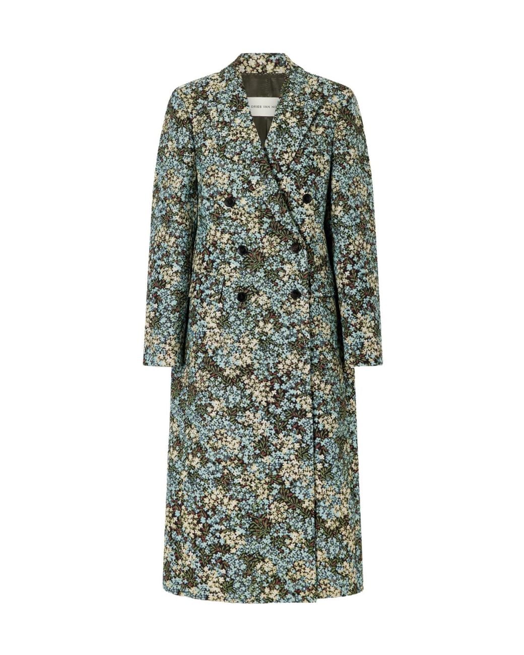 Dries Van Noten Green Double-Breasted Floral-Jacquard Coat