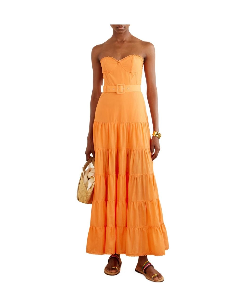 Charo Ruiz Orange Guipure Lace-Trimmed Cotton-Blend Voile Midi Dress