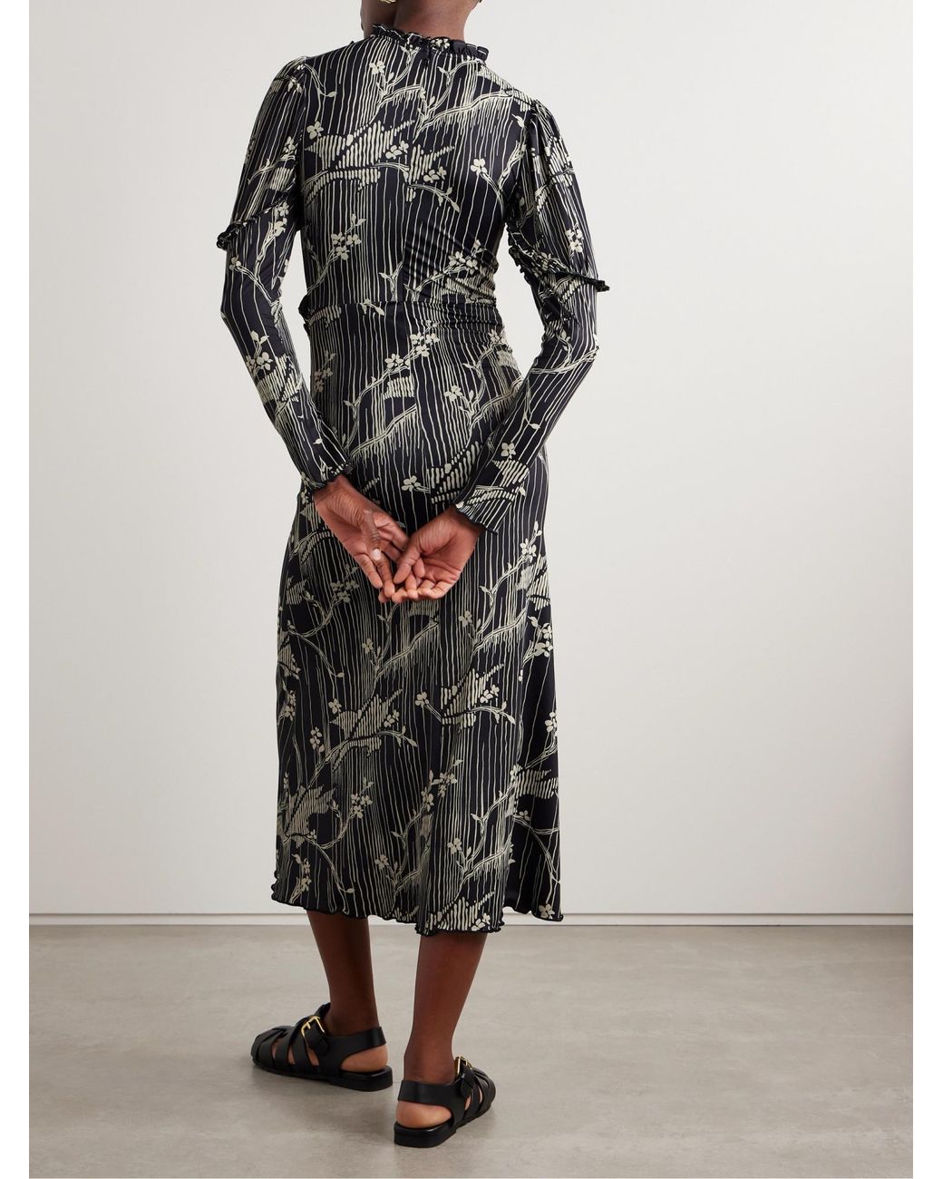 Sea Gray Wrinkled Printed Mid-Length Dress