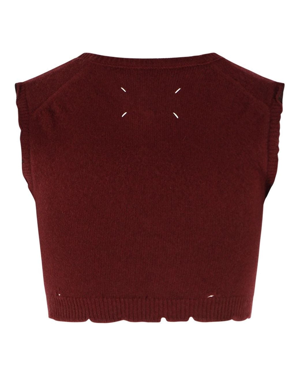 Maison Margiela Red Distressed Cropped Knitted Top