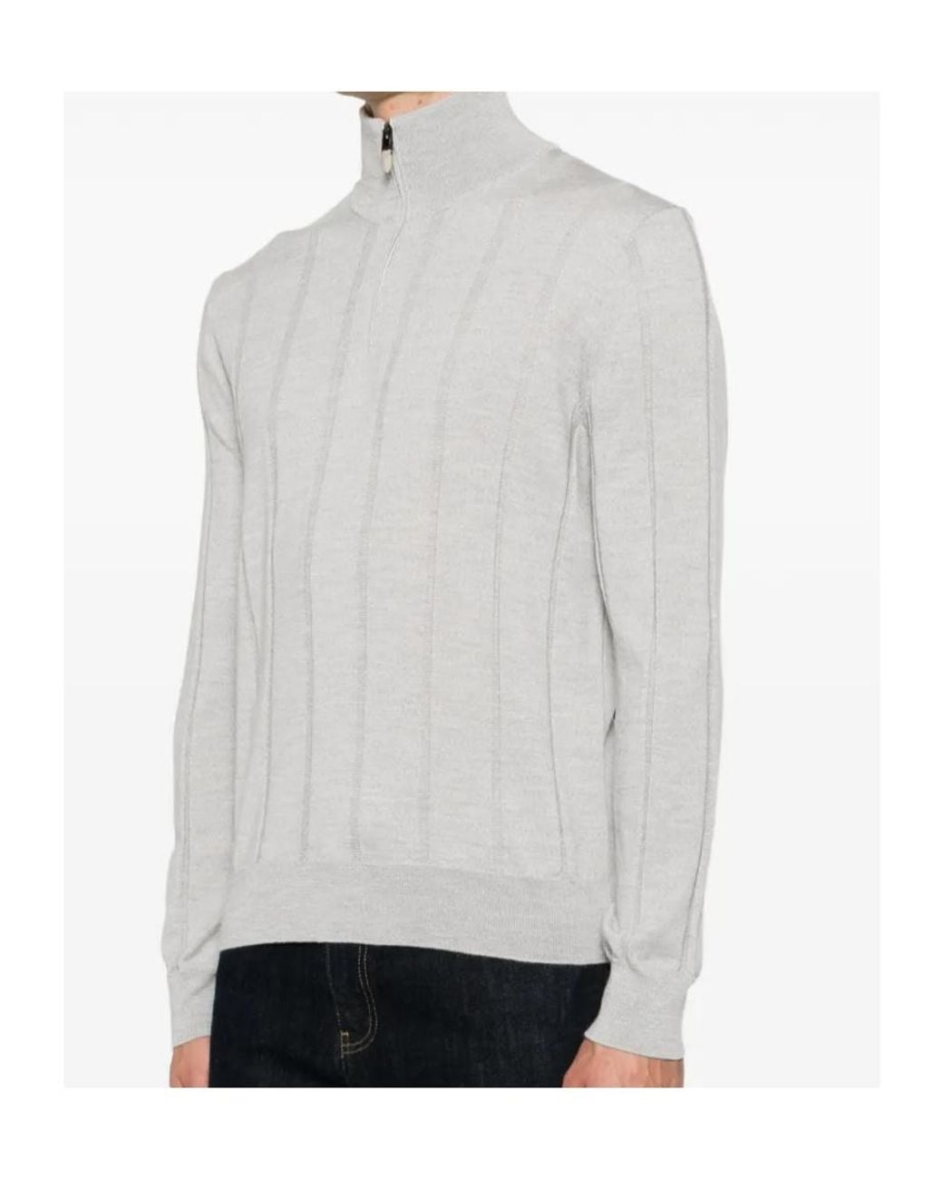 Canali White Ribbed-Knit Quarter-Zip Sweater for men
