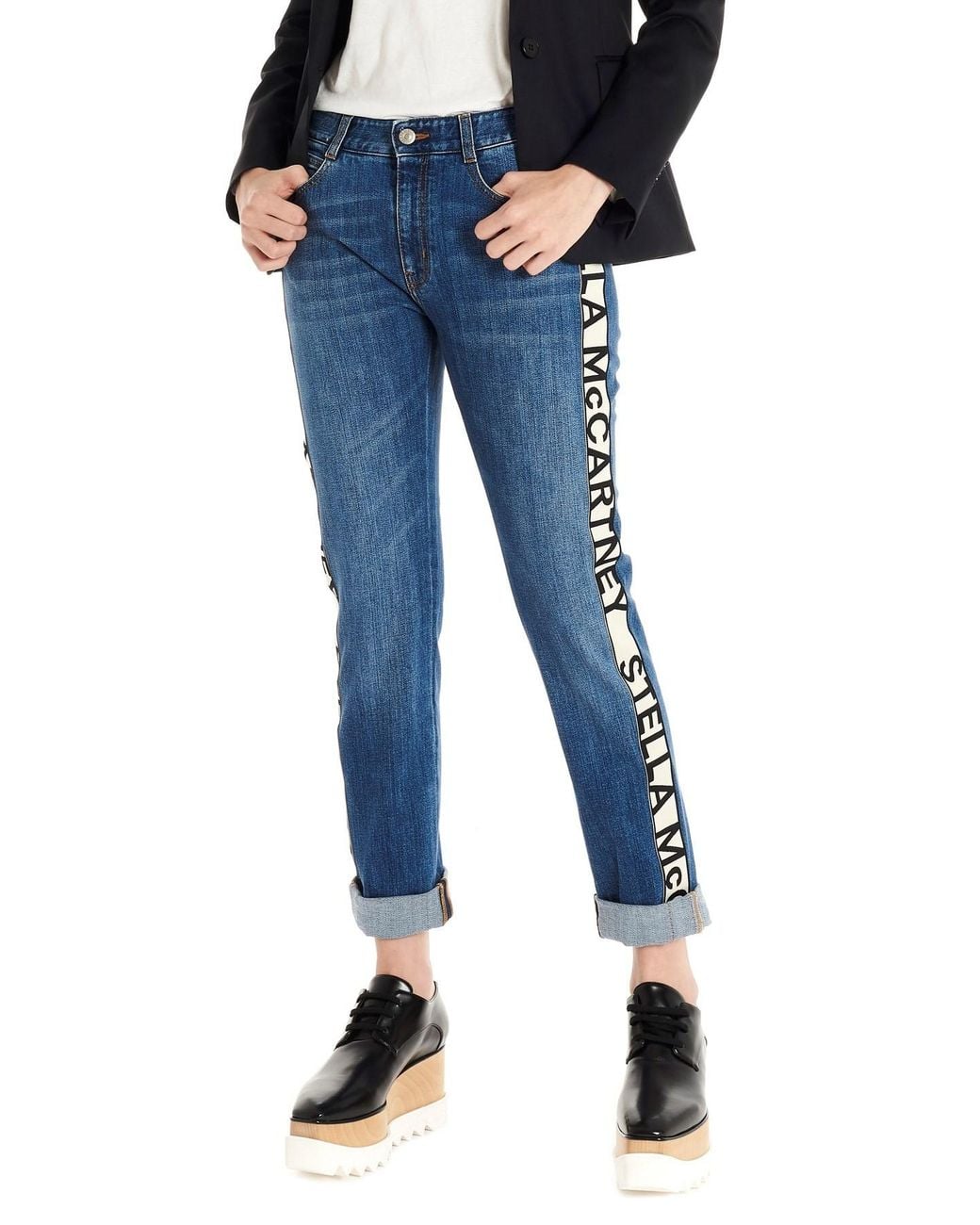 Stella McCartney Blue Logo-Stripe Cropped Jeans