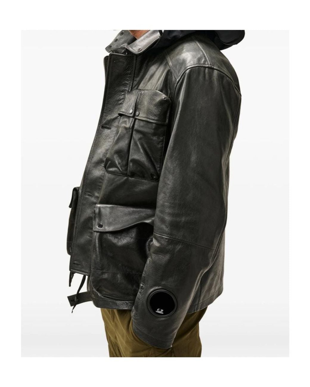 C P Company Black Long-Sleeved Leather Jacket for men