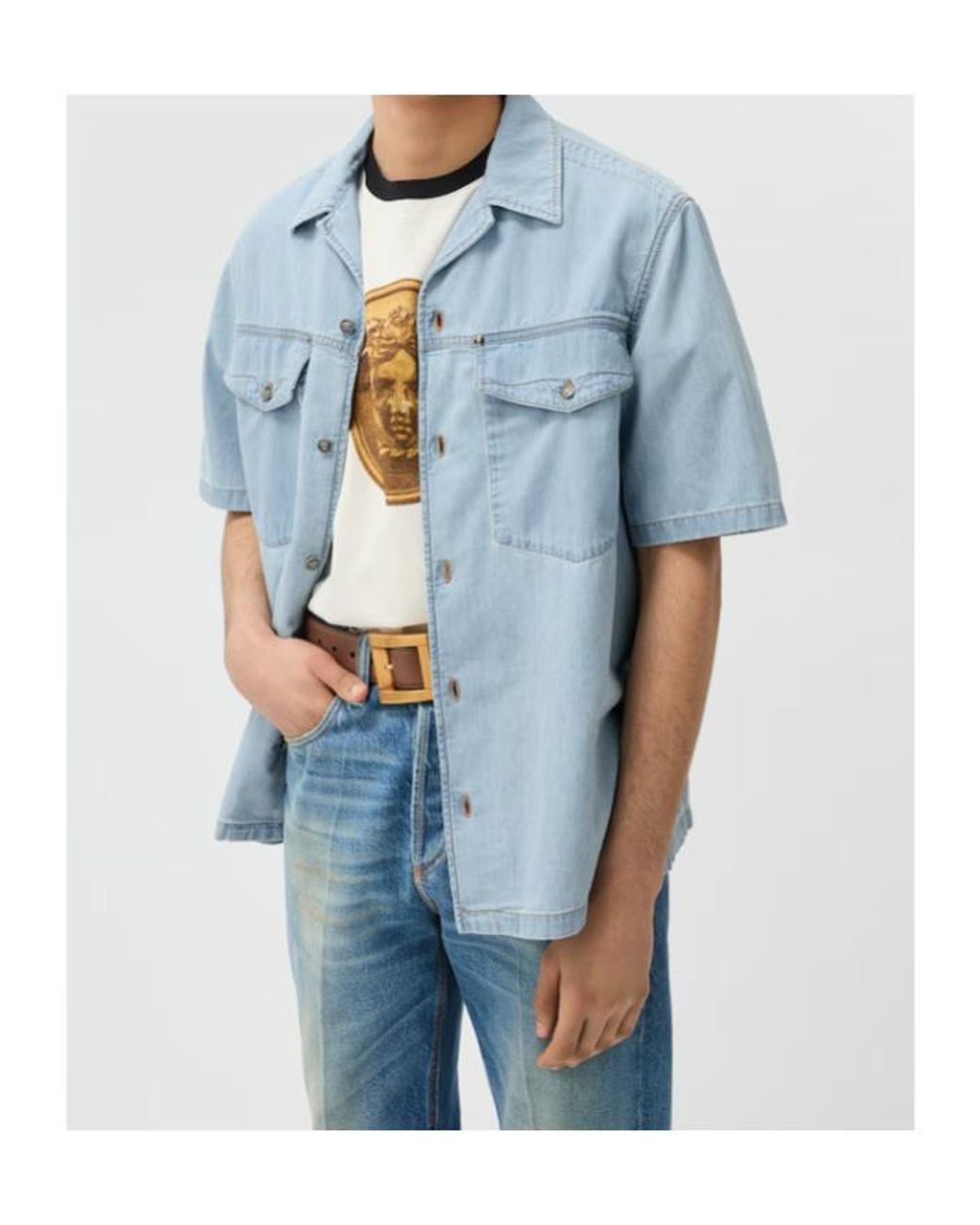 Versace Blue Western Denim Short Sleeved Shirt for men