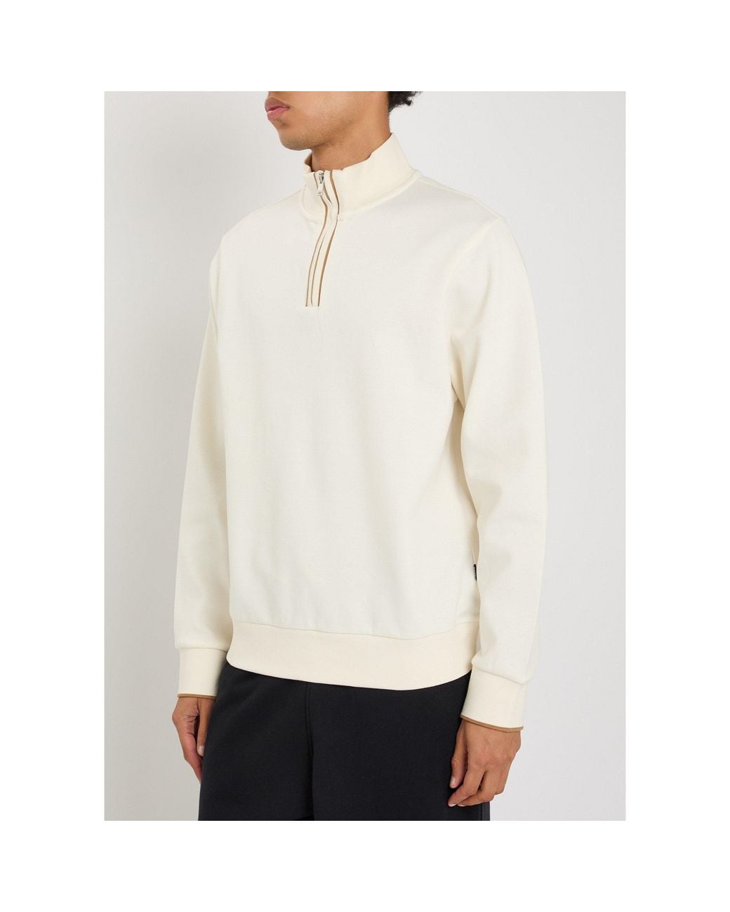 Boss White Pure Cotton Semi-Zipper Knitted Sweater for men