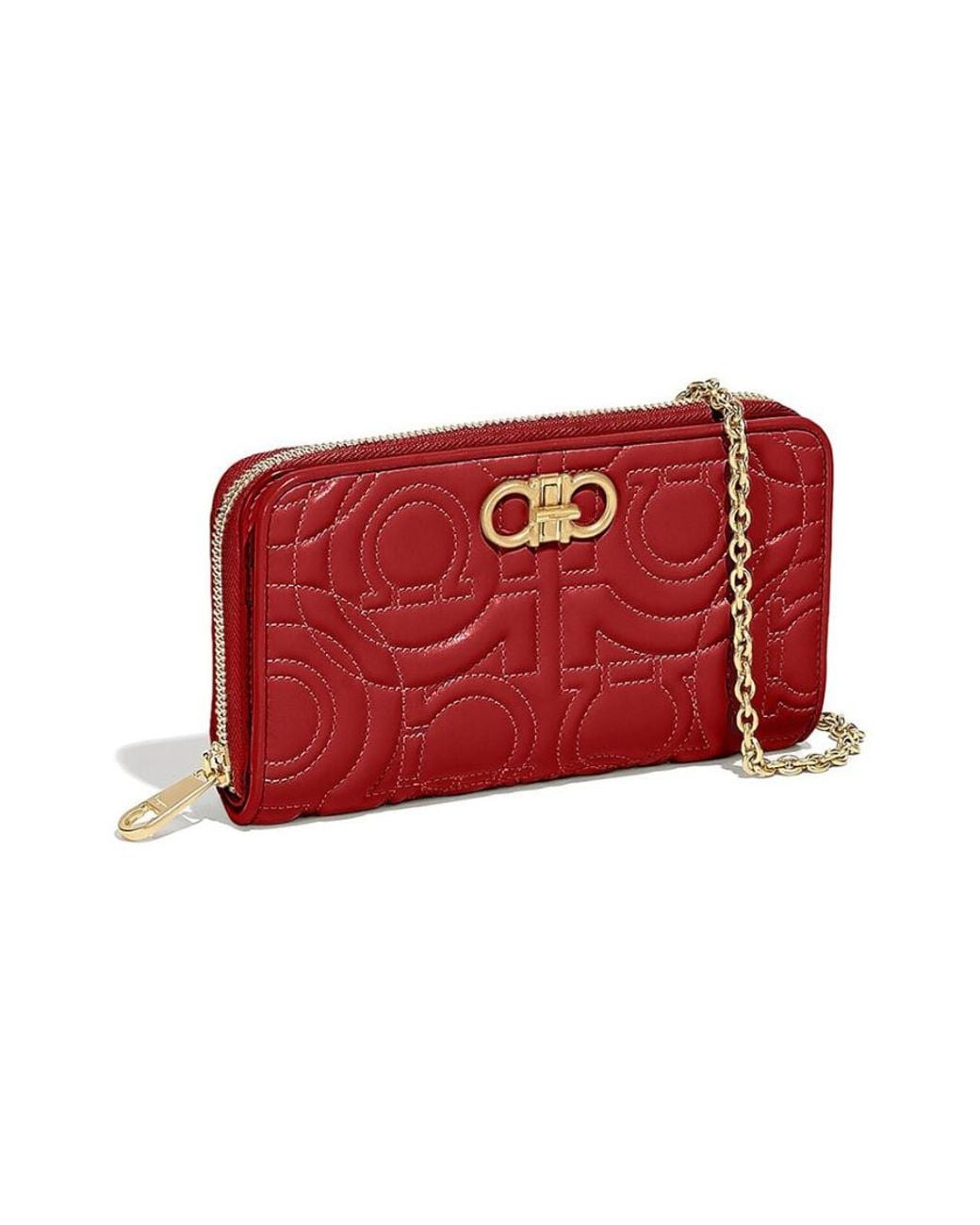 Ferragamo Red Logo Embossed Chain Wallet